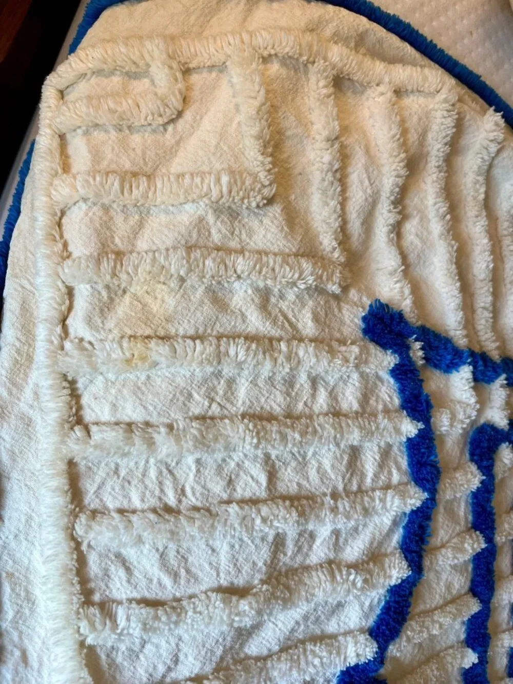 Vintage Ivory & Blue Chenille Bedspread With Floral Design For Full/Queen Bed